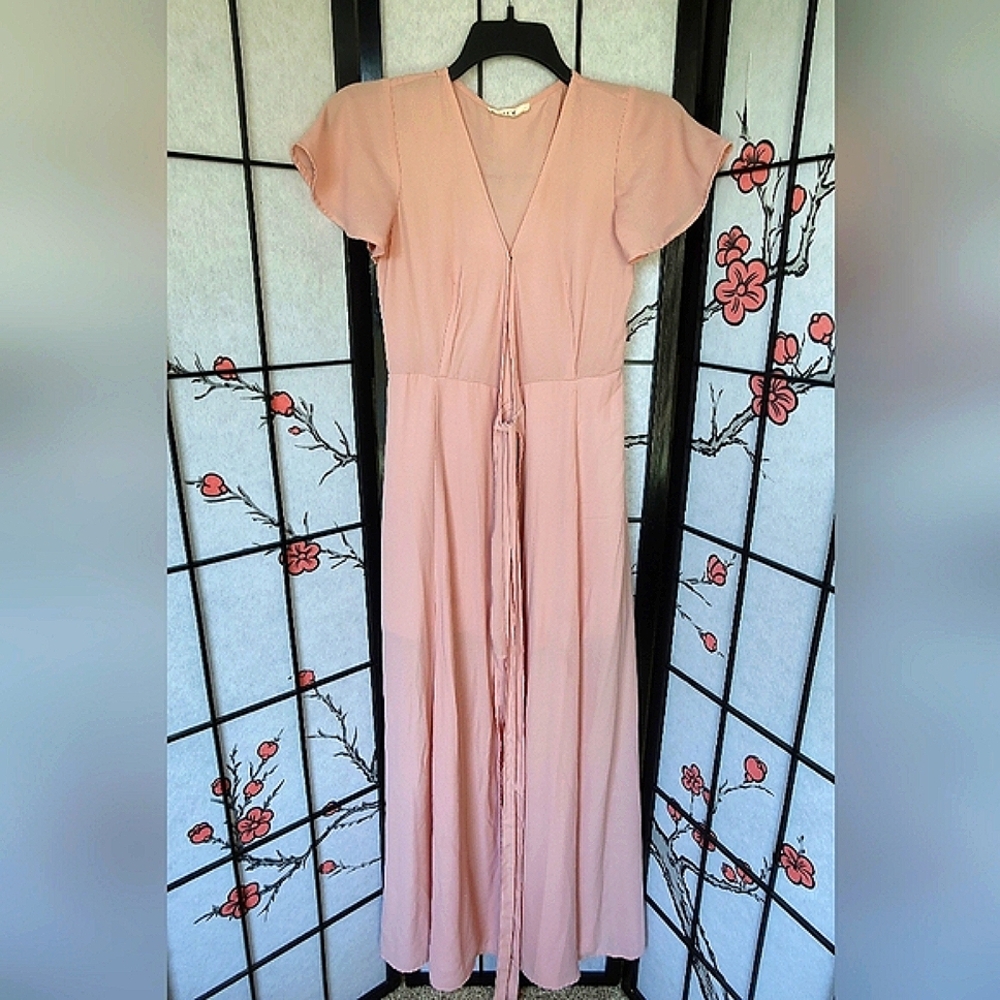 Spirit Hwy Elegant Powder Pink V Neck Open Tie Front Maxi Dress Size Small